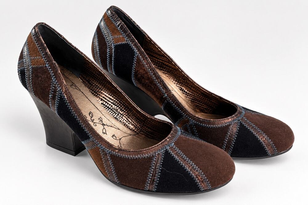 Bobbi Blu Pumps Womens 8.5M Brown Black Patchwork Blue Stitch Block Heel Y2K